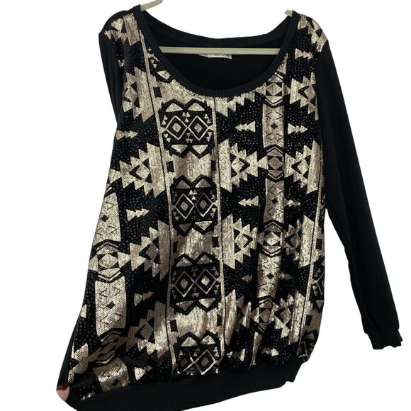 Maurices Aztec Sequin Sweater Women Size 2X Black Gold scoopneck Pullover - Picture 4 of 11
